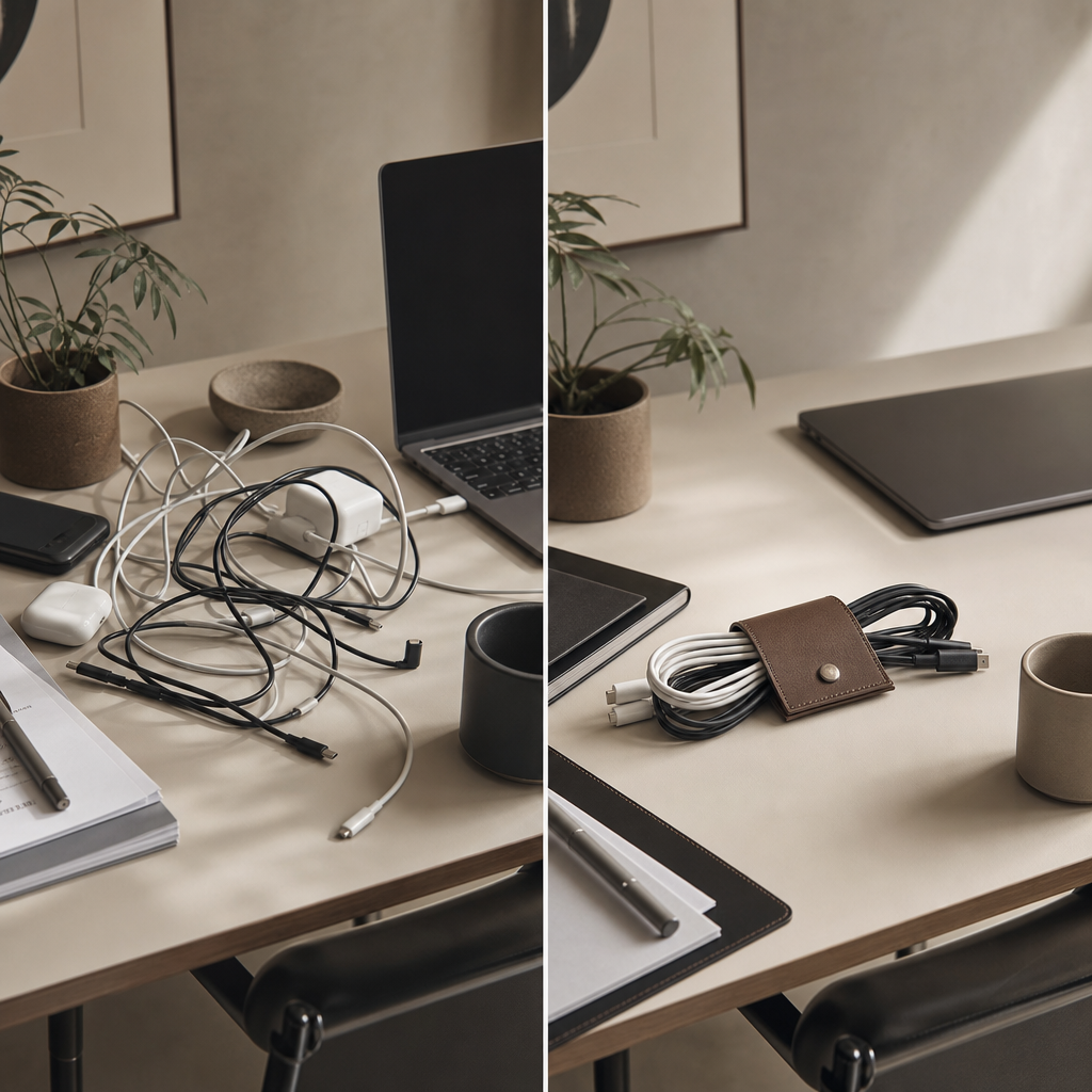 Cable organization before and after with Cable Calm Wrap